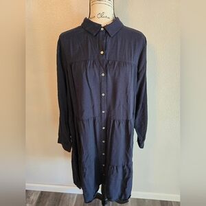 J. JILL TIERED SHIRT DRESS NAVY BLUE VISCOSE BLEND LONG SLEEVE BUTTON XL